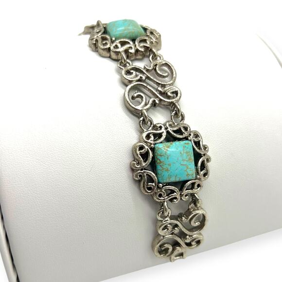 Balinese Silver Bracelet Turquoise Square Filigree Semi Precious Stone Howlite - Picture 6 of 13